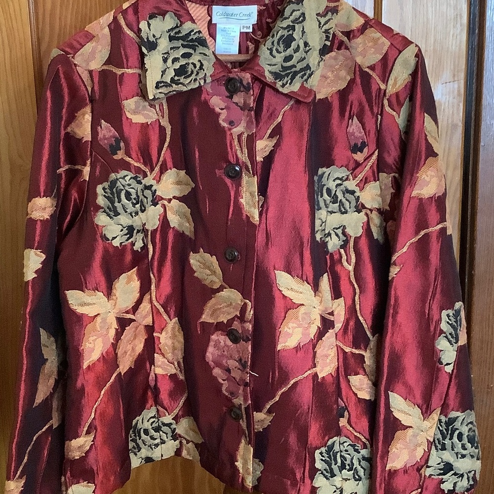 Coldwater Creek Red and Black Blazer with Floral Design